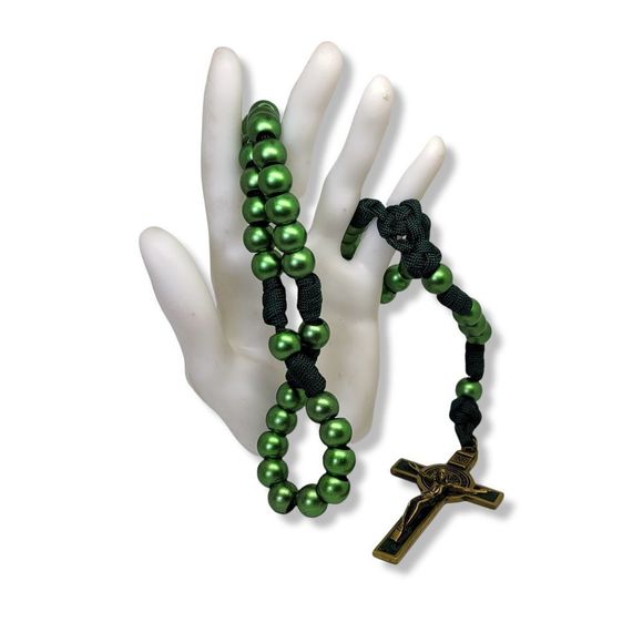 Round Green Beads Green Corded Celtic Rosary - Picture 3 of 6